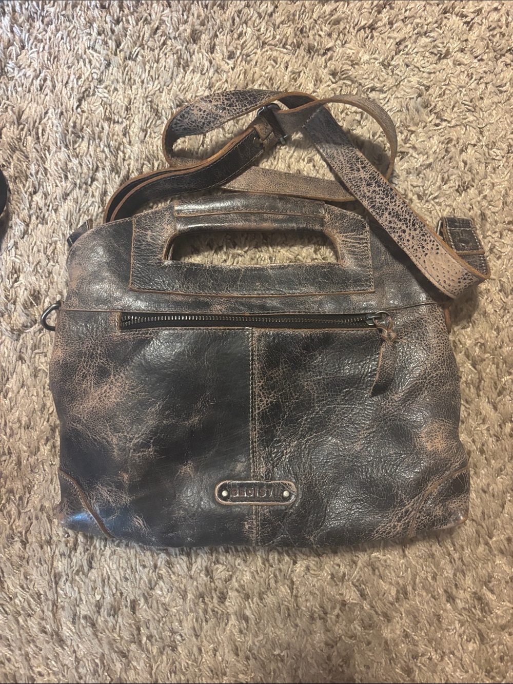 Bed Stu Two-Tone Distressed Leather Messenger Bag in Dark Brown